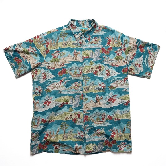 Tori Richard Aloha Shirt Men XLT Teal Santa Print Christmas Made in Hawaii
